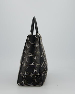 Christian Dior Large Lady Dior Black Studded Bag Lambskin Leather in Silver Hardware