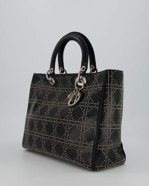 Christian Dior Large Lady Dior Black Studded Bag Lambskin Leather in Silver Hardware