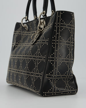 Christian Dior Large Lady Dior Black Studded Bag Lambskin Leather in Silver Hardware