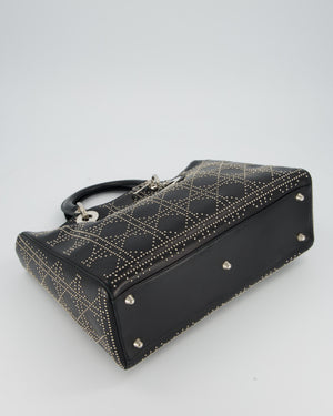 Christian Dior Large Lady Dior Black Studded Bag Lambskin Leather in Silver Hardware