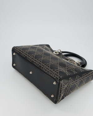 Christian Dior Large Lady Dior Black Studded Bag Lambskin Leather in Silver Hardware