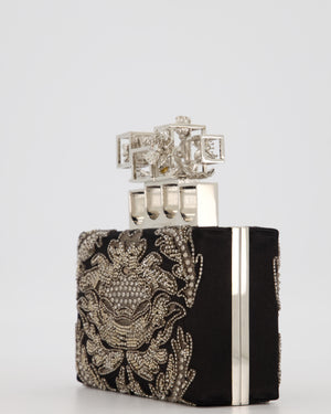 Alexander McQueen Black Satin Embellished Box Clutch Bag with Silver Hardware