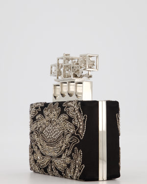 Alexander McQueen Black Satin Embellished Box Clutch Bag with Silver Hardware