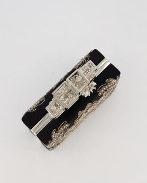 Alexander McQueen Black Satin Embellished Box Clutch Bag with Silver Hardware