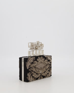 Alexander McQueen Black Satin Embellished Box Clutch Bag with Silver Hardware