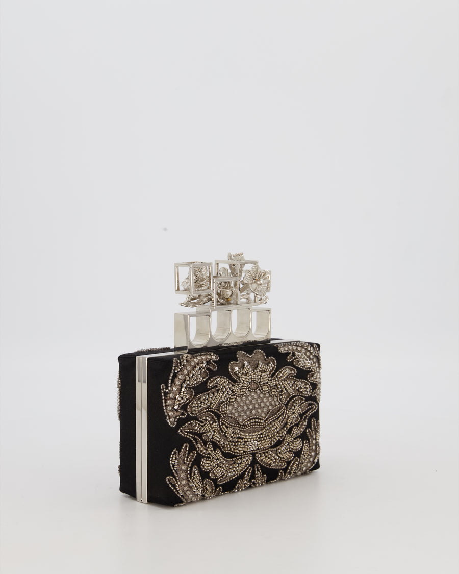 Alexander McQueen Black Satin Embellished Box Clutch Bag with Silver Hardware