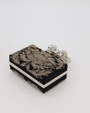 Alexander McQueen Black Satin Embellished Box Clutch Bag with Silver Hardware