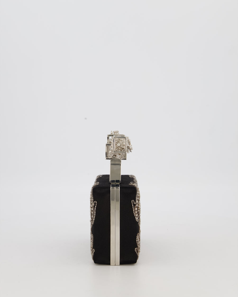 Alexander McQueen Black Satin Embellished Box Clutch Bag with Silver Hardware
