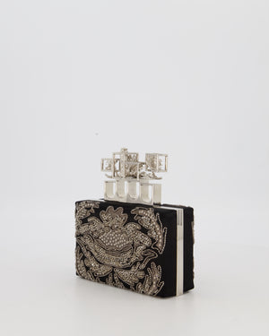 Alexander McQueen Black Satin Embellished Box Clutch Bag with Silver Hardware