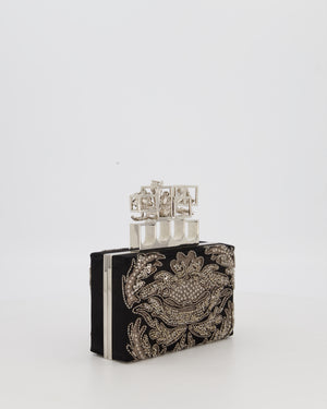 Alexander McQueen Black Satin Embellished Box Clutch Bag with Silver Hardware