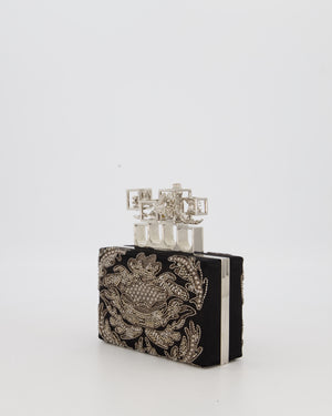 Alexander McQueen Black Satin Embellished Box Clutch Bag with Silver Hardware