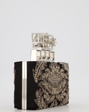 Alexander McQueen Black Satin Embellished Box Clutch Bag with Silver Hardware