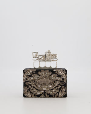 Alexander McQueen Black Satin Embellished Box Clutch Bag with Silver Hardware