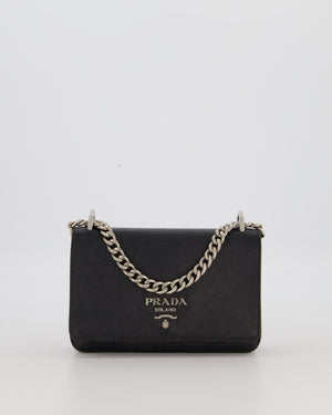Prada Black Saffiano Crossbody Flap Bag in Leather with Metallic Chain Strap