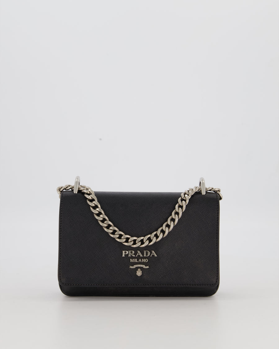 Prada Black Saffiano Crossbody Flap Bag in Leather with Metallic Chain Strap