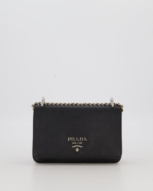 Prada Black Saffiano Crossbody Flap Bag in Leather with Metallic Chain Strap