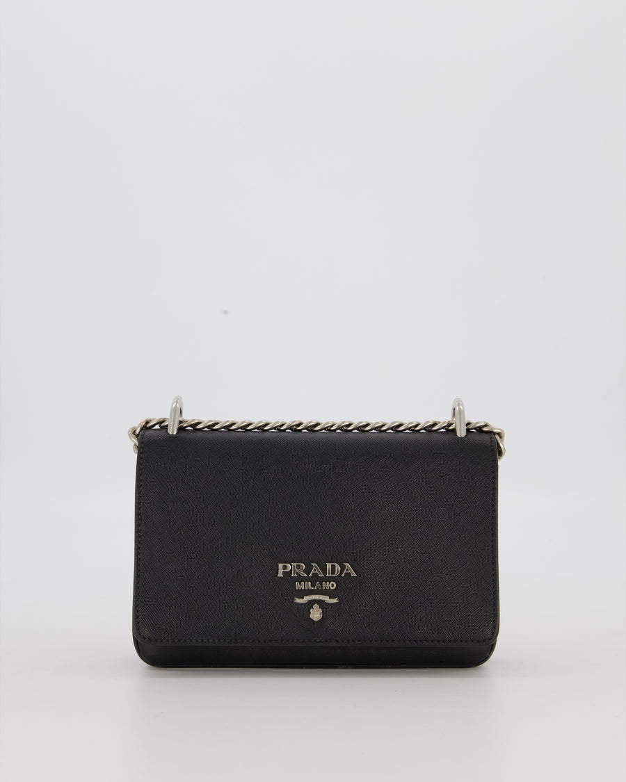 Prada Black Saffiano Crossbody Flap Bag in Leather with Metallic Chain Strap