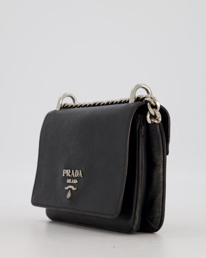 Prada Black Saffiano Crossbody Flap Bag in Leather with Metallic Chain Strap