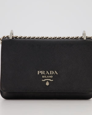 Prada Black Saffiano Crossbody Flap Bag in Leather with Metallic Chain Strap