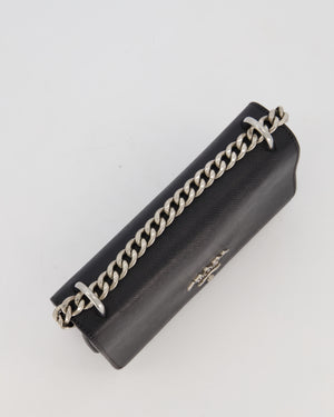 Prada Black Saffiano Crossbody Flap Bag in Leather with Metallic Chain Strap