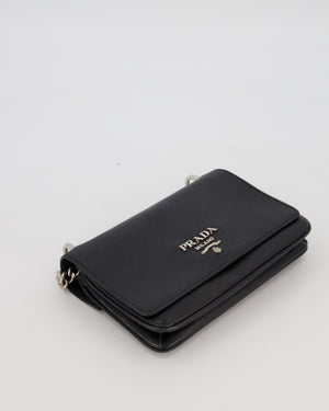 Prada Black Saffiano Crossbody Flap Bag in Leather with Metallic Chain Strap