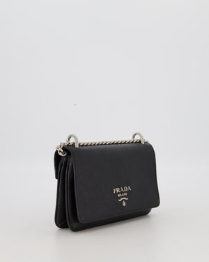 Prada Black Saffiano Crossbody Flap Bag in Leather with Metallic Chain Strap