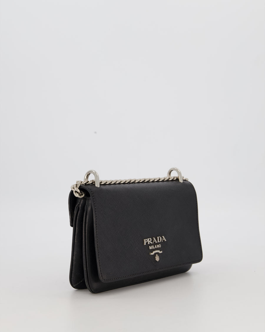 Prada Black Saffiano Crossbody Flap Bag in Leather with Metallic Chain Strap