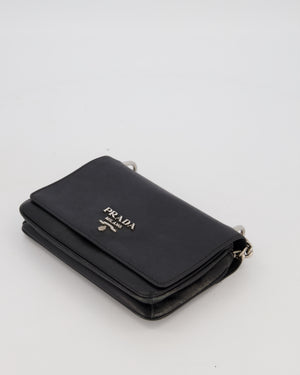 Prada Black Saffiano Crossbody Flap Bag in Leather with Metallic Chain Strap