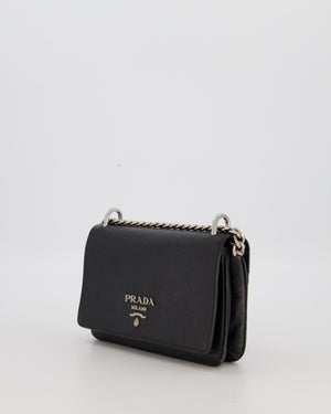 Prada Black Saffiano Crossbody Flap Bag in Leather with Metallic Chain Strap