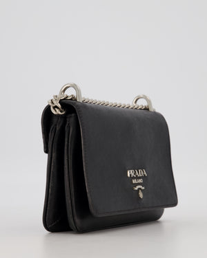 Prada Black Saffiano Crossbody Flap Bag in Leather with Metallic Chain Strap