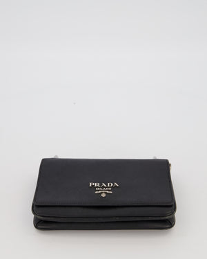 Prada Black Saffiano Crossbody Flap Bag in Leather with Metallic Chain Strap