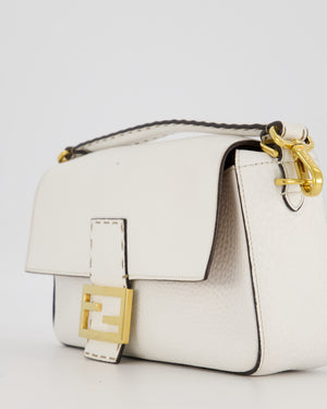 Fendi White Baguette Medium Shoulder Bag in Calfskin Leather with Black Trim and Gold Hardware