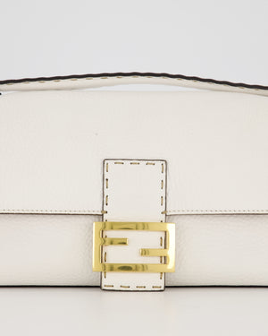 Fendi White Baguette Medium Shoulder Bag in Calfskin Leather with Black Trim and Gold Hardware