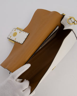 Fendi White Baguette Medium Shoulder Bag in Calfskin Leather with Black Trim and Gold Hardware