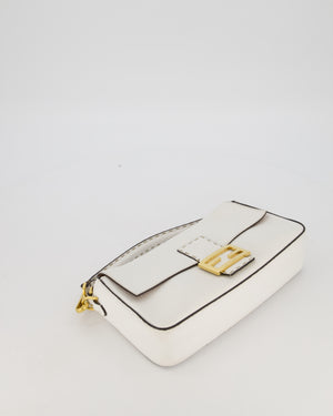 Fendi White Baguette Medium Shoulder Bag in Calfskin Leather with Black Trim and Gold Hardware