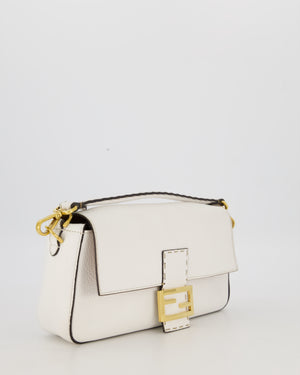 Fendi White Baguette Medium Shoulder Bag in Calfskin Leather with Black Trim and Gold Hardware
