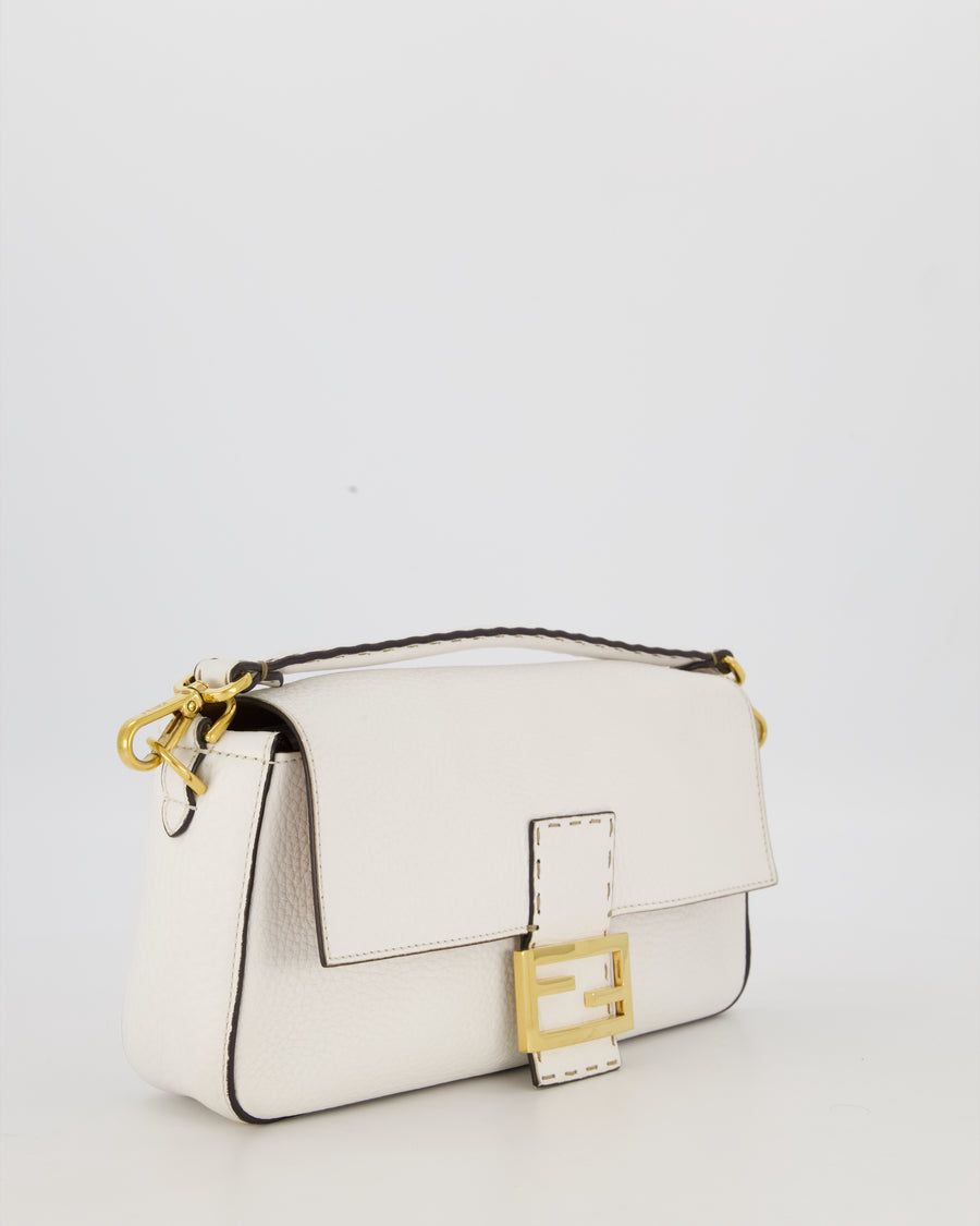 Fendi White Baguette Medium Shoulder Bag in Calfskin Leather with Black Trim and Gold Hardware