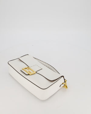 Fendi White Baguette Medium Shoulder Bag in Calfskin Leather with Black Trim and Gold Hardware