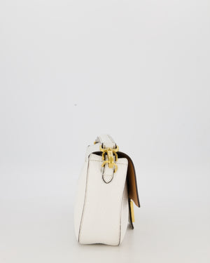 Fendi White Baguette Medium Shoulder Bag in Calfskin Leather with Black Trim and Gold Hardware