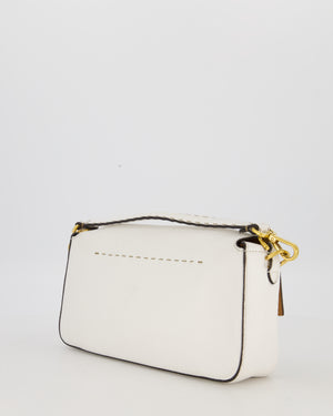 Fendi White Baguette Medium Shoulder Bag in Calfskin Leather with Black Trim and Gold Hardware