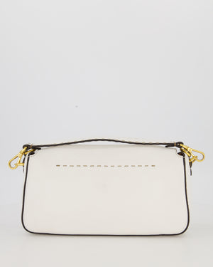 Fendi White Baguette Medium Shoulder Bag in Calfskin Leather with Black Trim and Gold Hardware