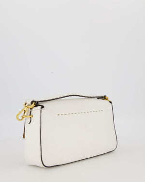Fendi White Baguette Medium Shoulder Bag in Calfskin Leather with Black Trim and Gold Hardware