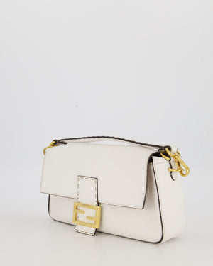 Fendi White Baguette Medium Shoulder Bag in Calfskin Leather with Black Trim and Gold Hardware