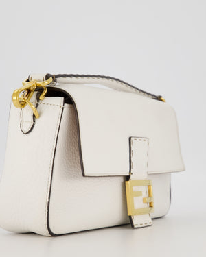 Fendi White Baguette Medium Shoulder Bag in Calfskin Leather with Black Trim and Gold Hardware