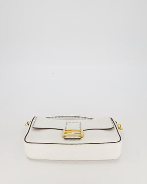 Fendi White Baguette Medium Shoulder Bag in Calfskin Leather with Black Trim and Gold Hardware