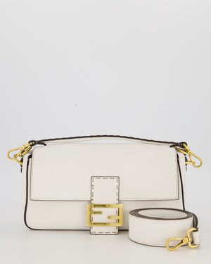 Fendi White Baguette Medium Shoulder Bag in Calfskin Leather with Black Trim and Gold Hardware