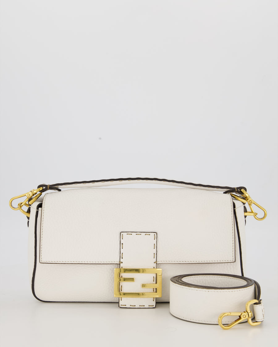 Fendi White Baguette Medium Shoulder Bag in Calfskin Leather with Black Trim and Gold Hardware