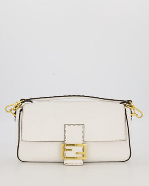Fendi White Baguette Medium Shoulder Bag in Calfskin Leather with Black Trim and Gold Hardware