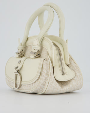 Christian Dior Vintage Mini Detective Bag in White Leather and Oblique Canvas with Silver Hardware