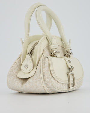 Christian Dior Vintage Mini Detective Bag in White Leather and Oblique Canvas with Silver Hardware